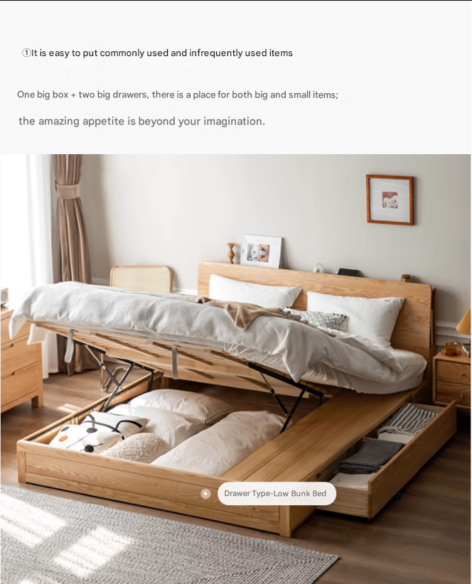 Oak Solid Wood Box Bed with Light And Bookshelf