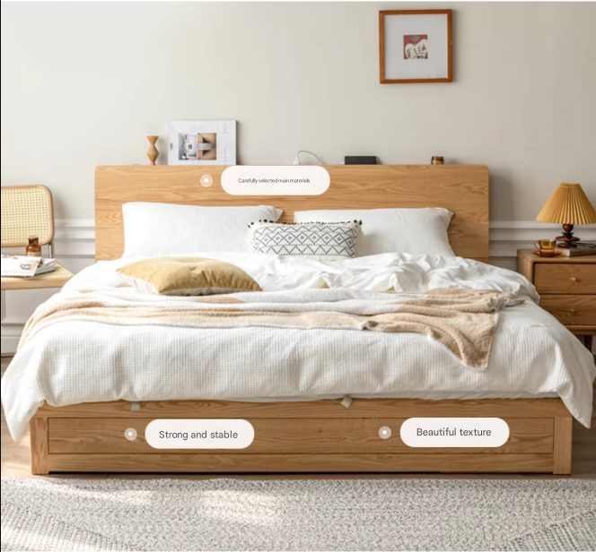 Oak Solid Wood Box Bed with Light And Bookshelf