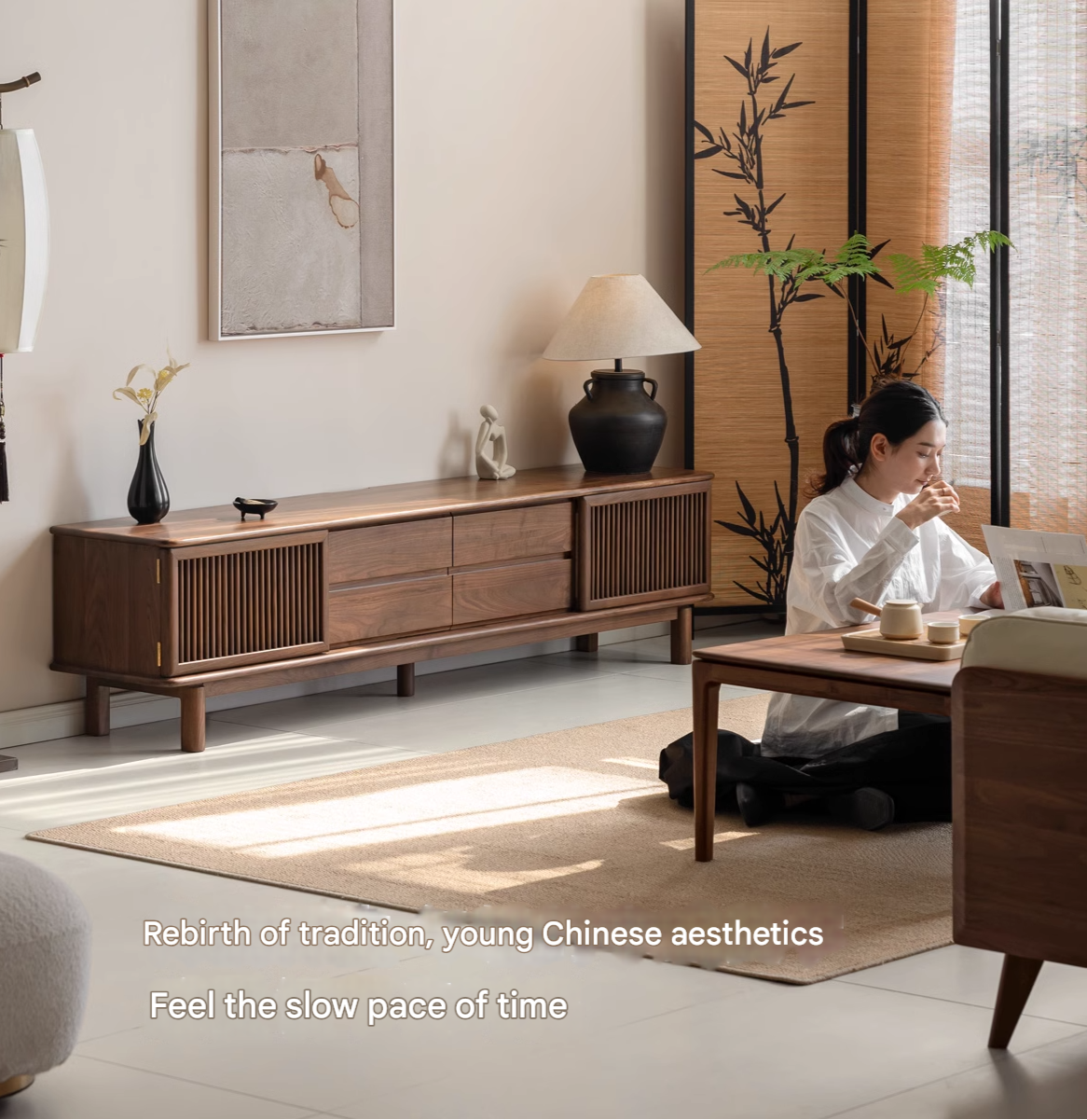 Black Walnut Solid Wood Floor TV Cabinet.