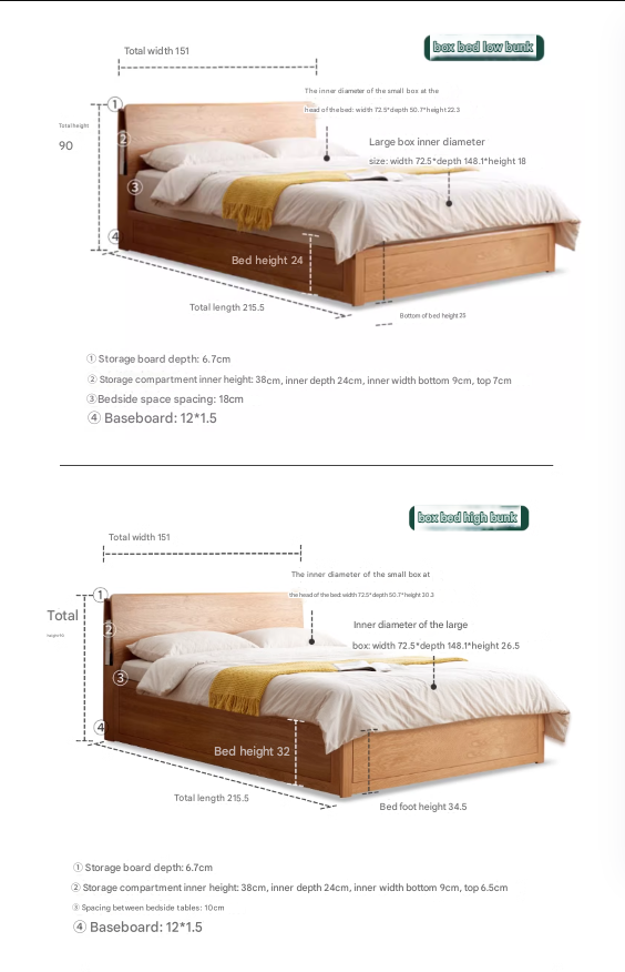 Oak Solid Wood Box Bed with Light And Bookshelf
