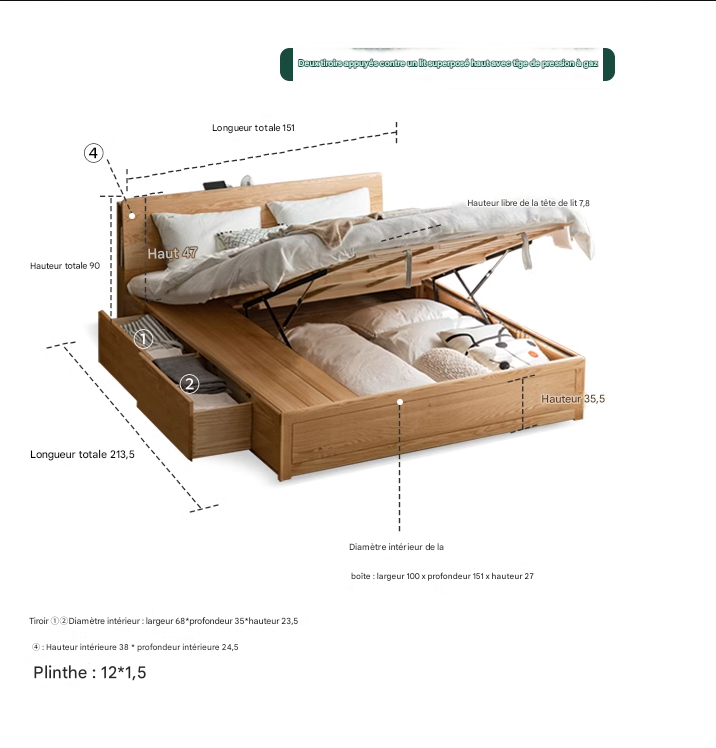 Oak Solid Wood Box Bed with Light And Bookshelf