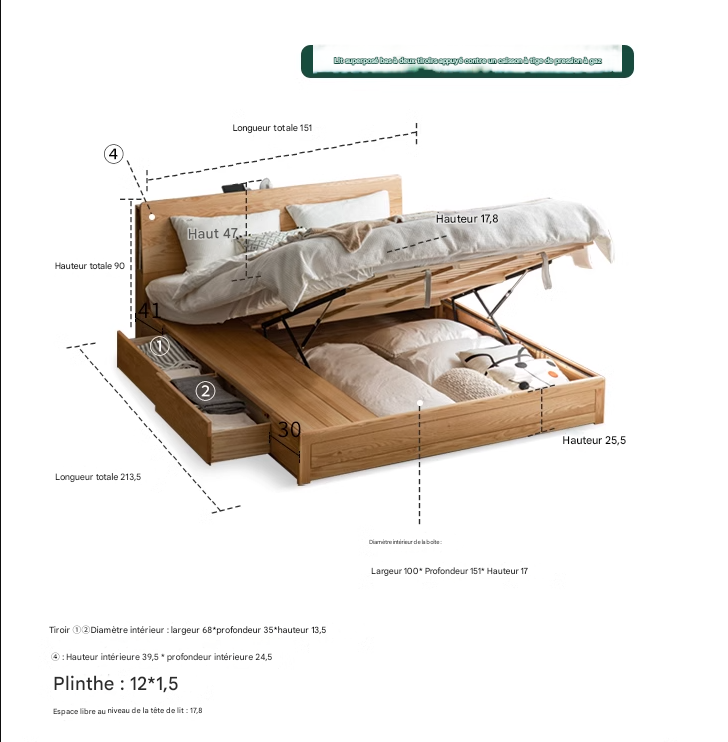 Oak Solid Wood Box Bed with Light And Bookshelf