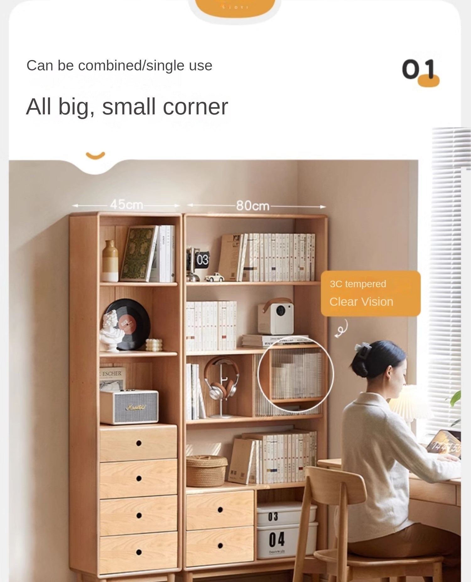 Beech Solid Wood Bookcase with Spacious Cabinet Storage