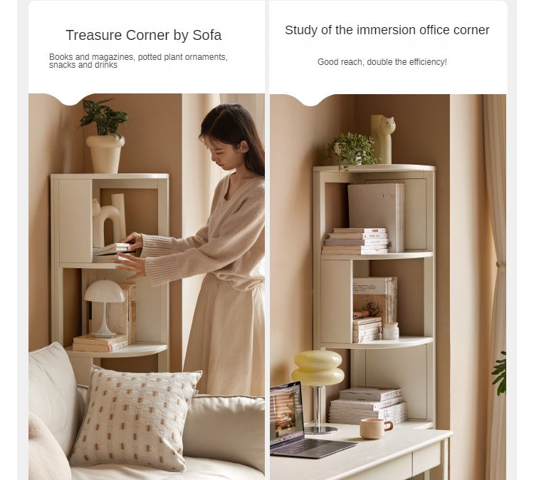 Poplar Solid Wood Corner Bookshelf, Floor-standing Storage Rack Cream Style