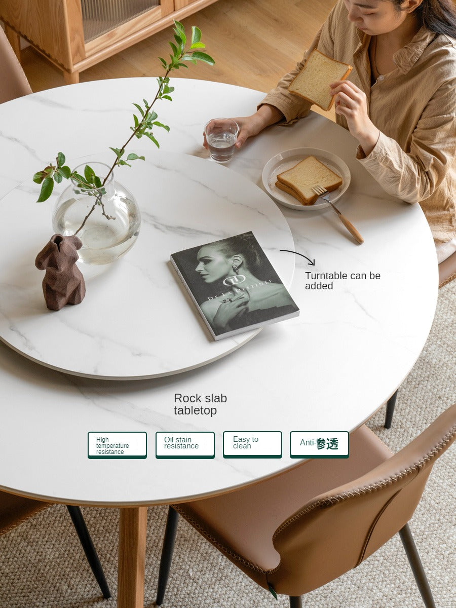 Oak Solid Wood Round Nordic Dining Table With Rock Slab Surface