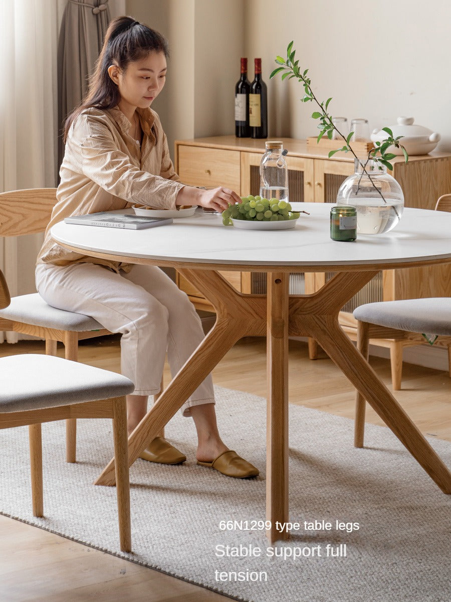 Oak Solid Wood Round Nordic Dining Table With Rock Slab Surface