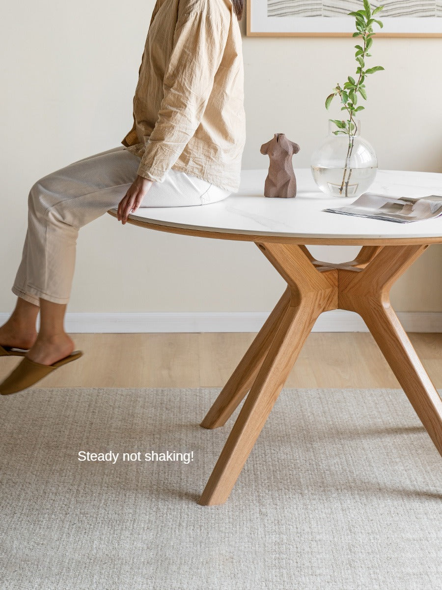 Oak Solid Wood Round Nordic Dining Table With Rock Slab Surface