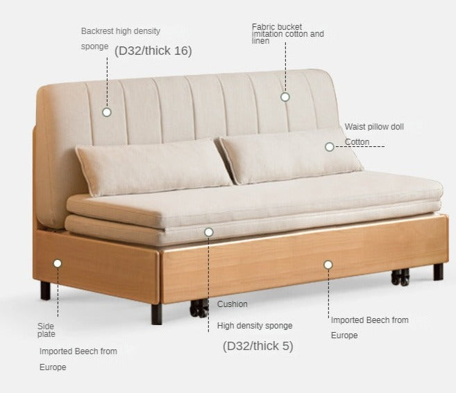 Beech Solid Wood Retractable Fabric Sofa Bed.