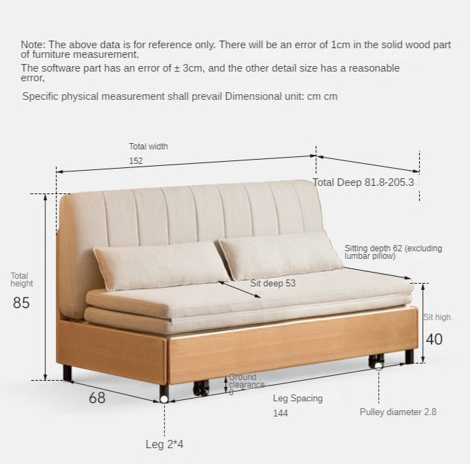 Beech Solid Wood Retractable Fabric Sofa Bed.
