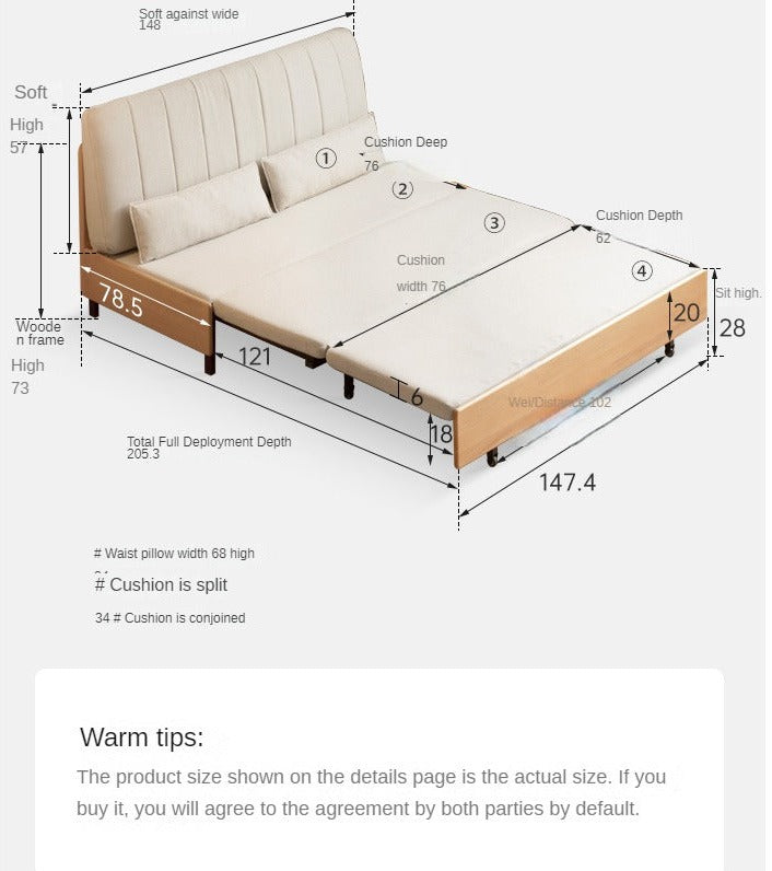 Beech Solid Wood Retractable Fabric Sofa Bed.