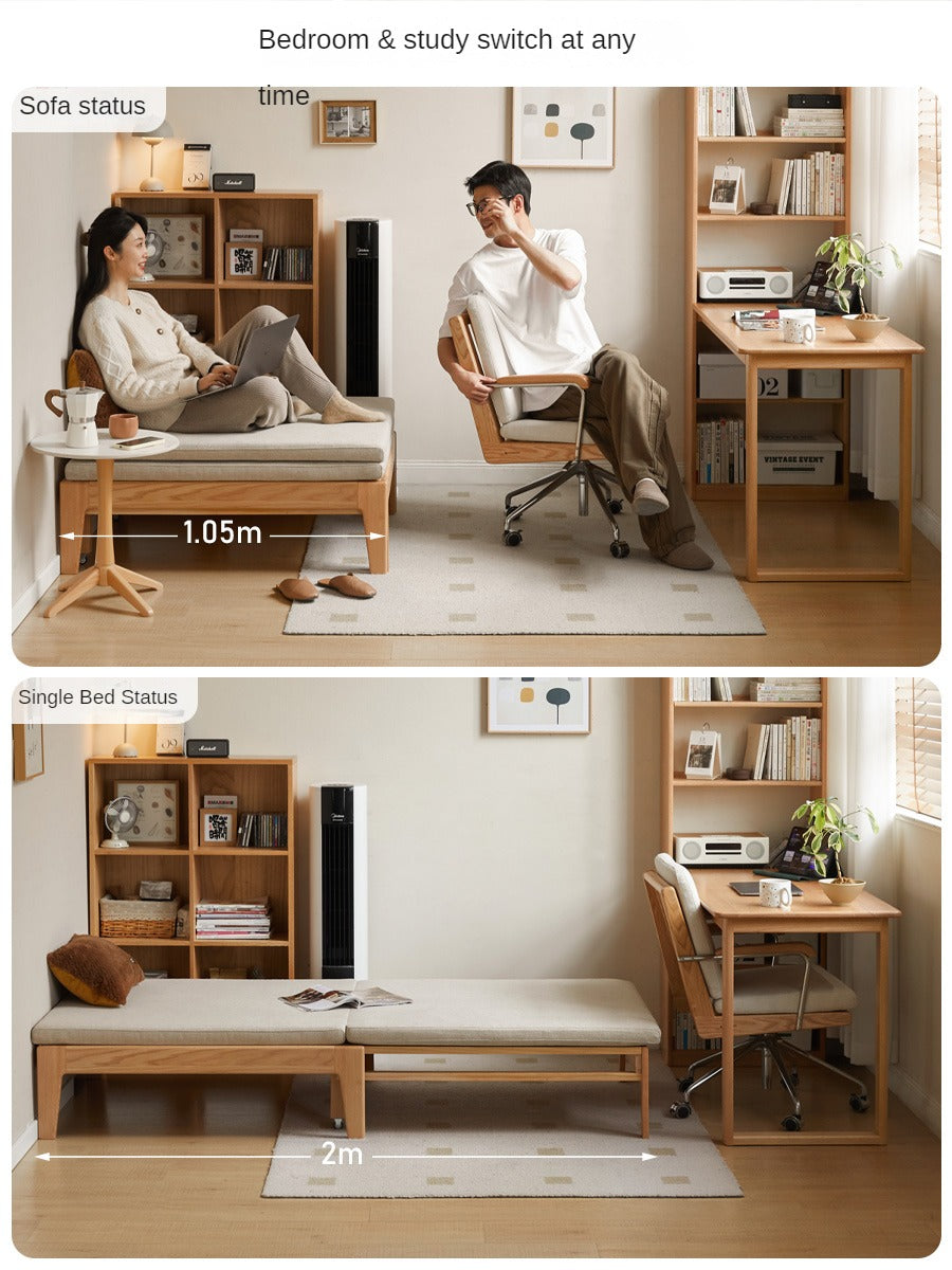 Oak Solid Wood Folding Sofa Bed, Retractable Sofa: