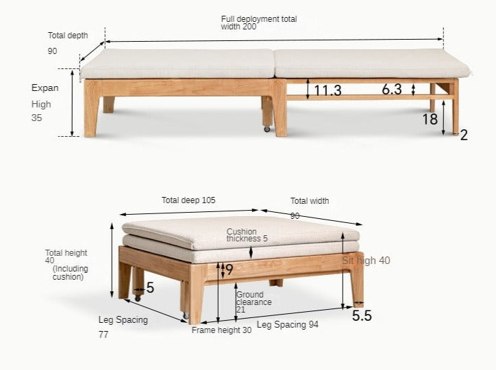 Oak, Beech, Solid Rubberwood Folding Sofa Bed, Retractable Sofa.