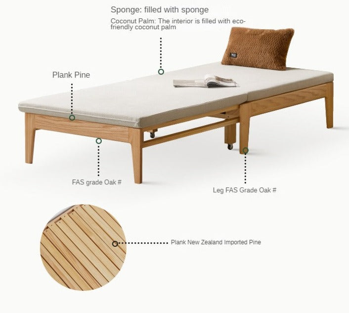 Oak, Beech, Solid Rubberwood Folding Sofa Bed, Retractable Sofa.