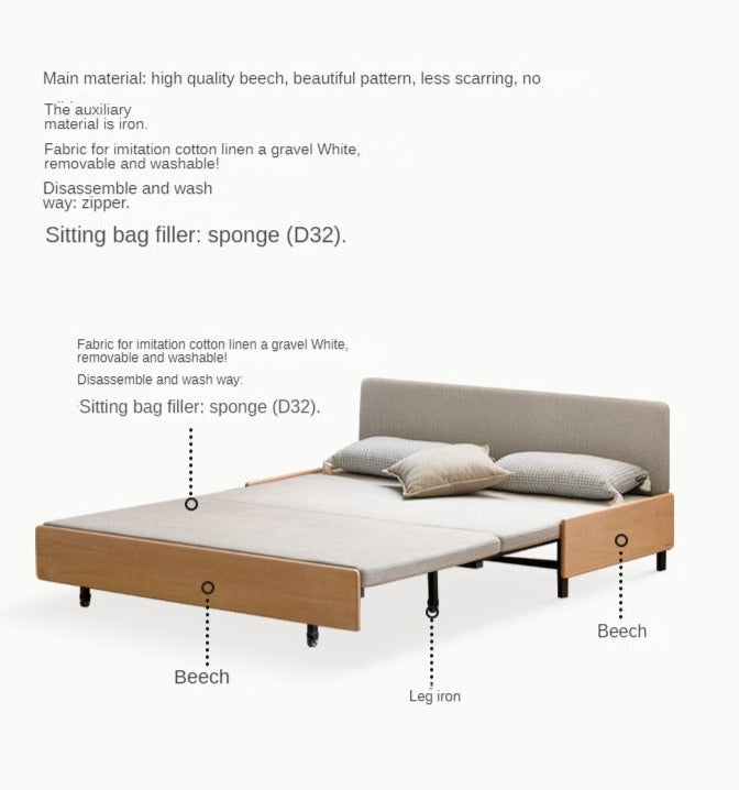 Oak Solid Wood Sofa Bed Folding Sit-sleeping Pull-out Bed.