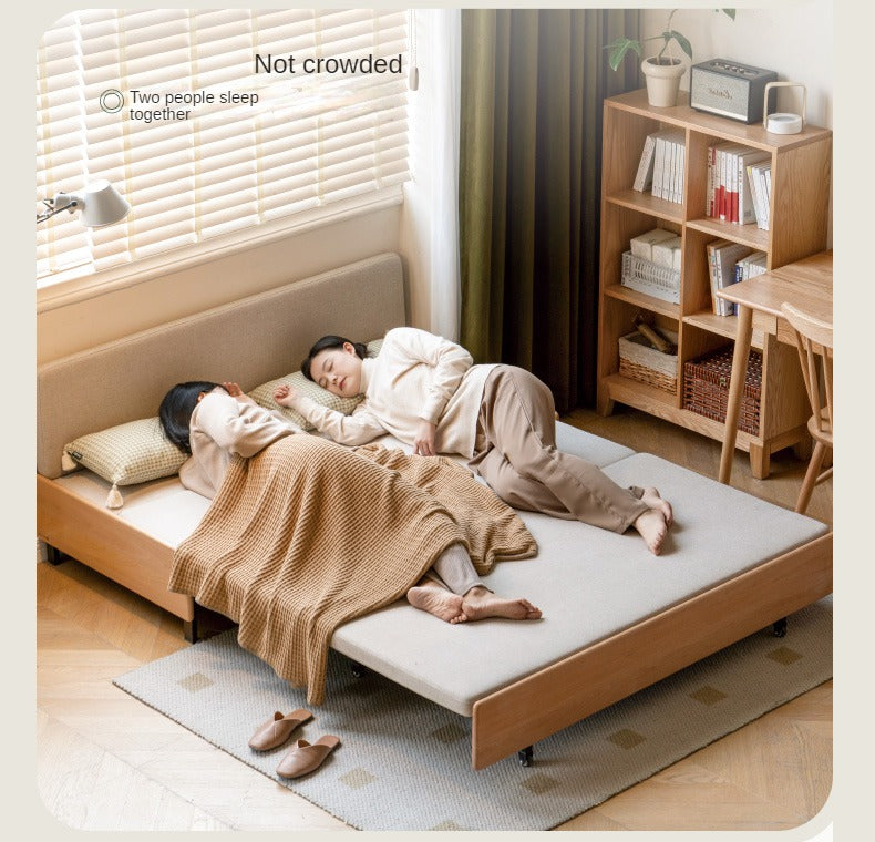 Oak Solid Wood Sofa Bed Folding Sit-sleeping Pull-out Bed.