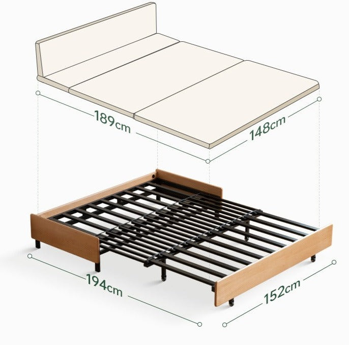 Oak Solid Wood Sofa Bed Folding Sit-sleeping Pull-out Bed.
