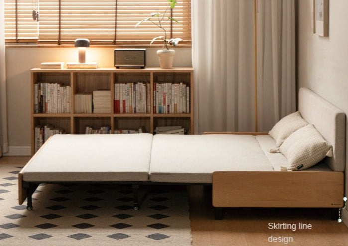 Oak Solid Wood Sofa Bed Folding Sit-sleeping Pull-out Bed.
