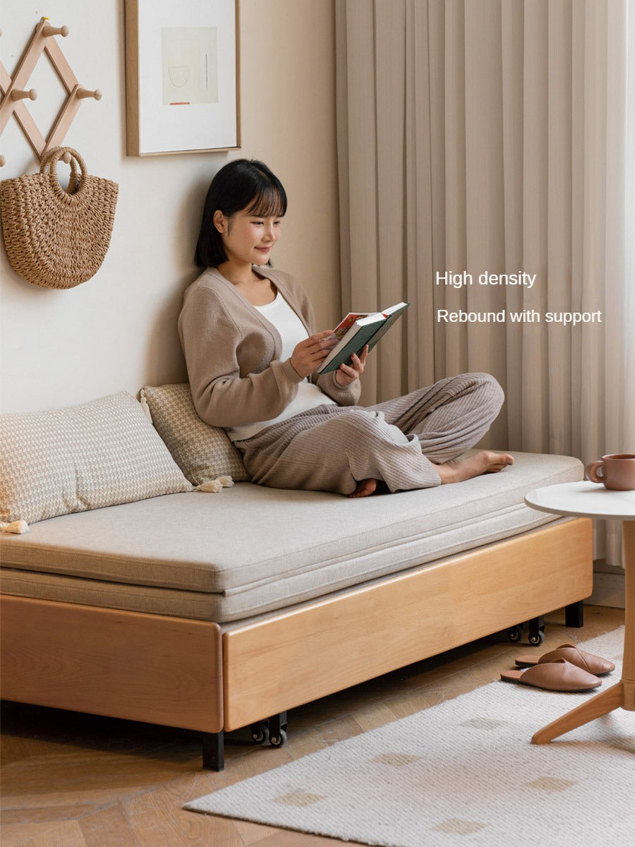 Oak Solid Wood Sofa Bed Folding Sit-sleeping Pull-out Bed.