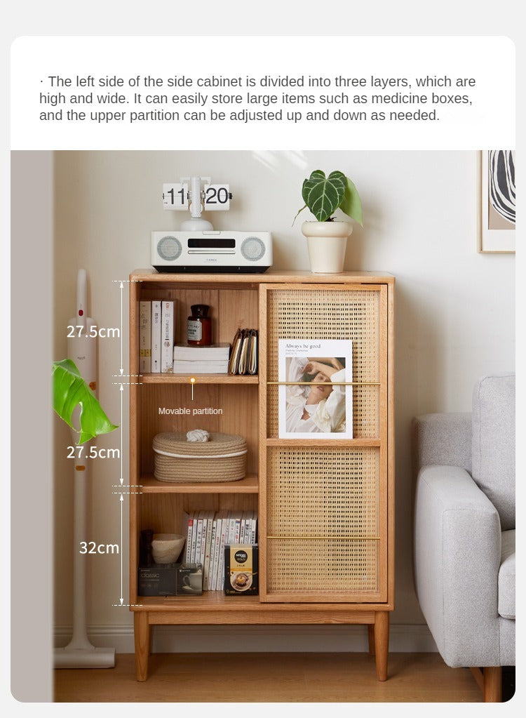 Oak Solid Wood Sliding Door Storage LED lights, Side Cabinet