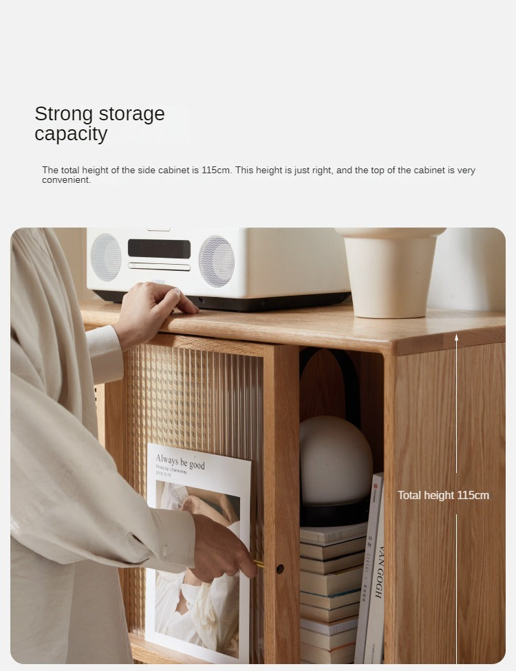 Oak Solid Wood Sliding Door Storage LED lights, Side Cabinet