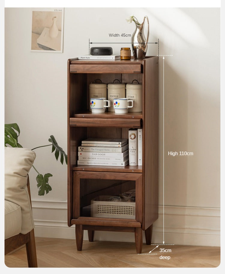 Black Walnut, Oak Solid Wood Glass Flip Door Display Side Cabinet LED Lights