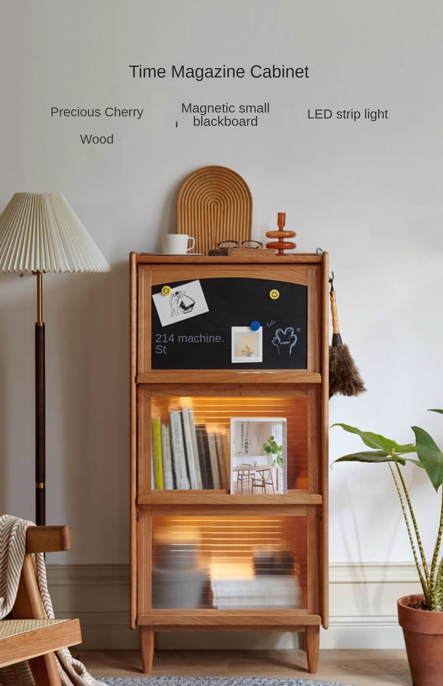 Cherry, Oak Solid Wood Flip Door Magazine Cabinet LED light -
