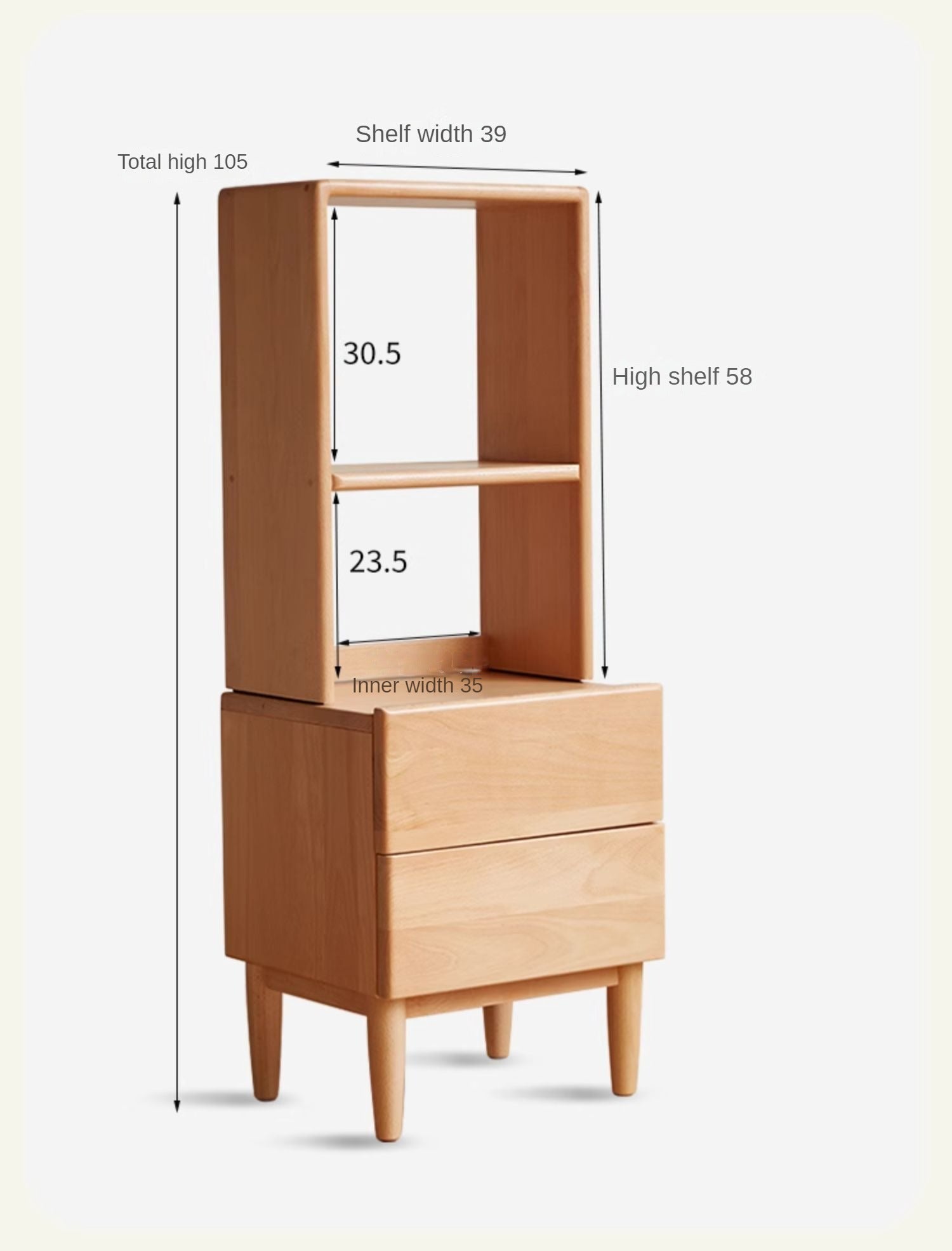 Beech Solid Wood Nightstand and Elevated Storage Rack, Bedside Bookshelf.
