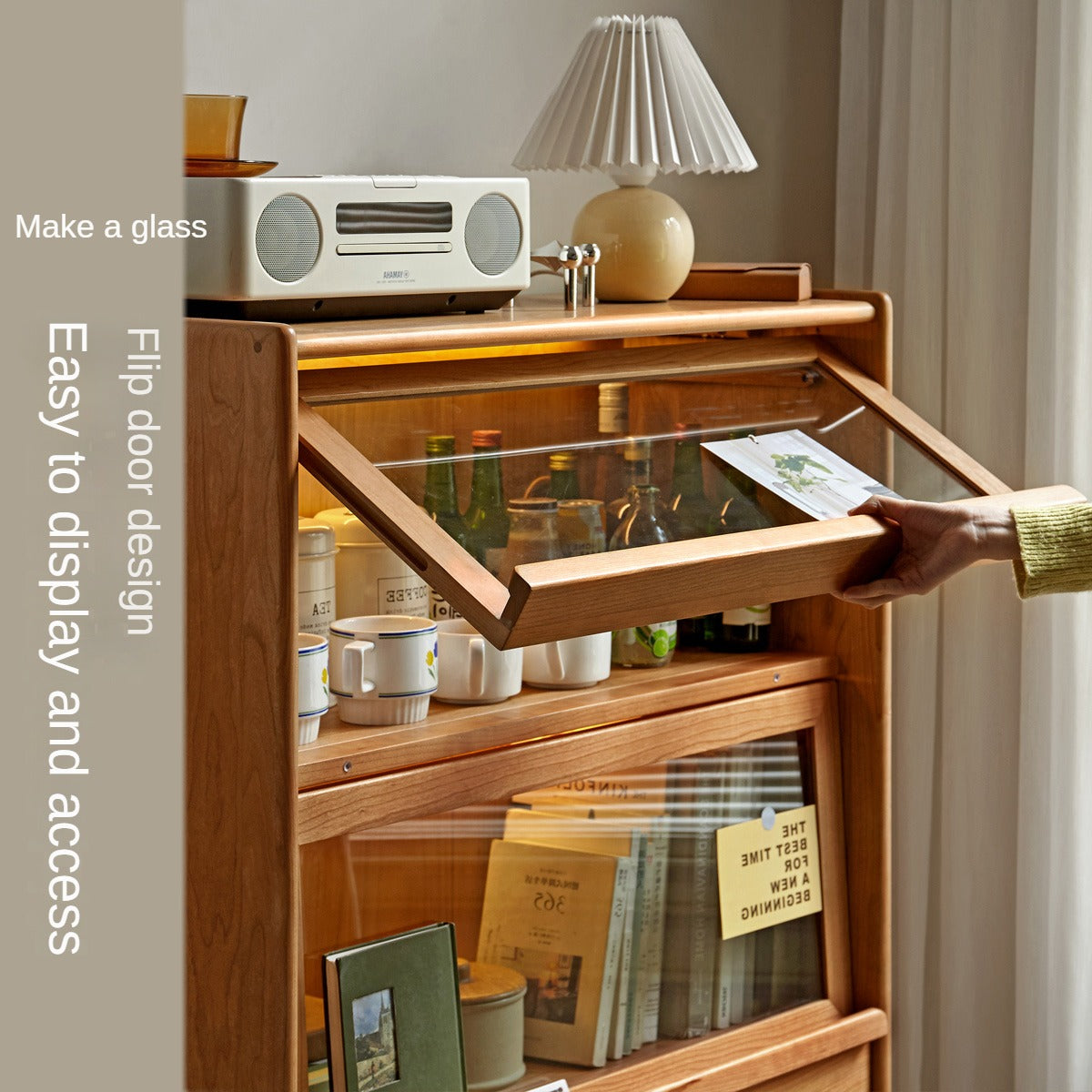 Cherry Wood, Oak, Poplar Solid Wood Side Cabinet Flip Door, LED light.