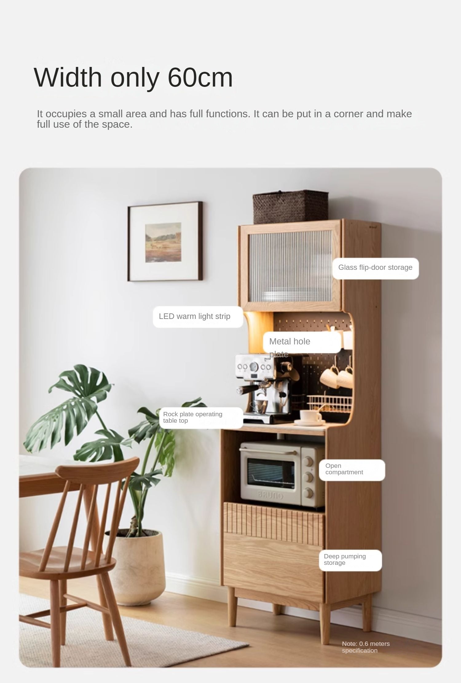 Solid RubberWood, Oak Solid Wood Sideboard Rock Board LED Light