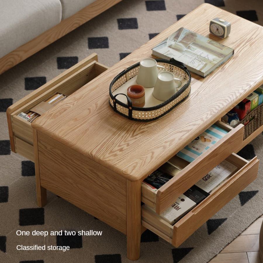 Oak, Solid Rubberwood Coffee Table Three Drawers