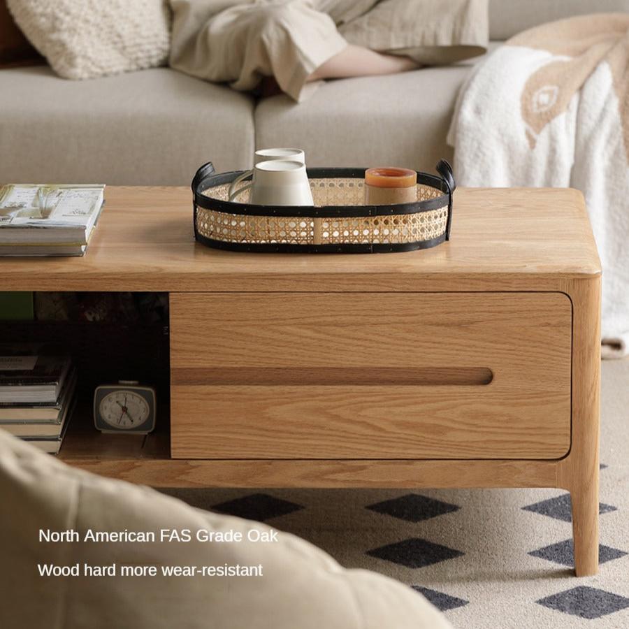 Oak, Solid Rubberwood Coffee Table Three Drawers