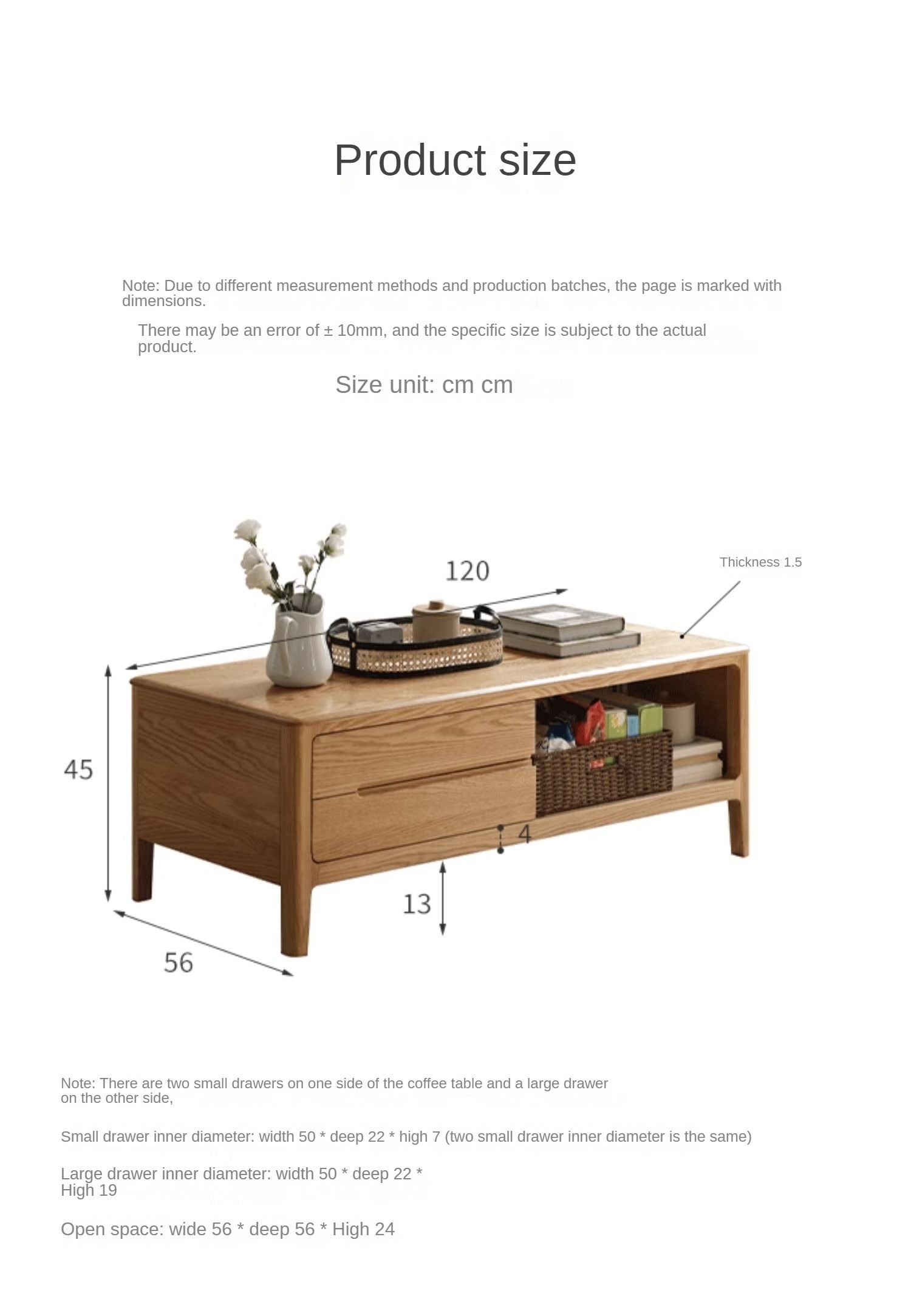 Oak, Solid Rubberwood Coffee Table Three Drawers