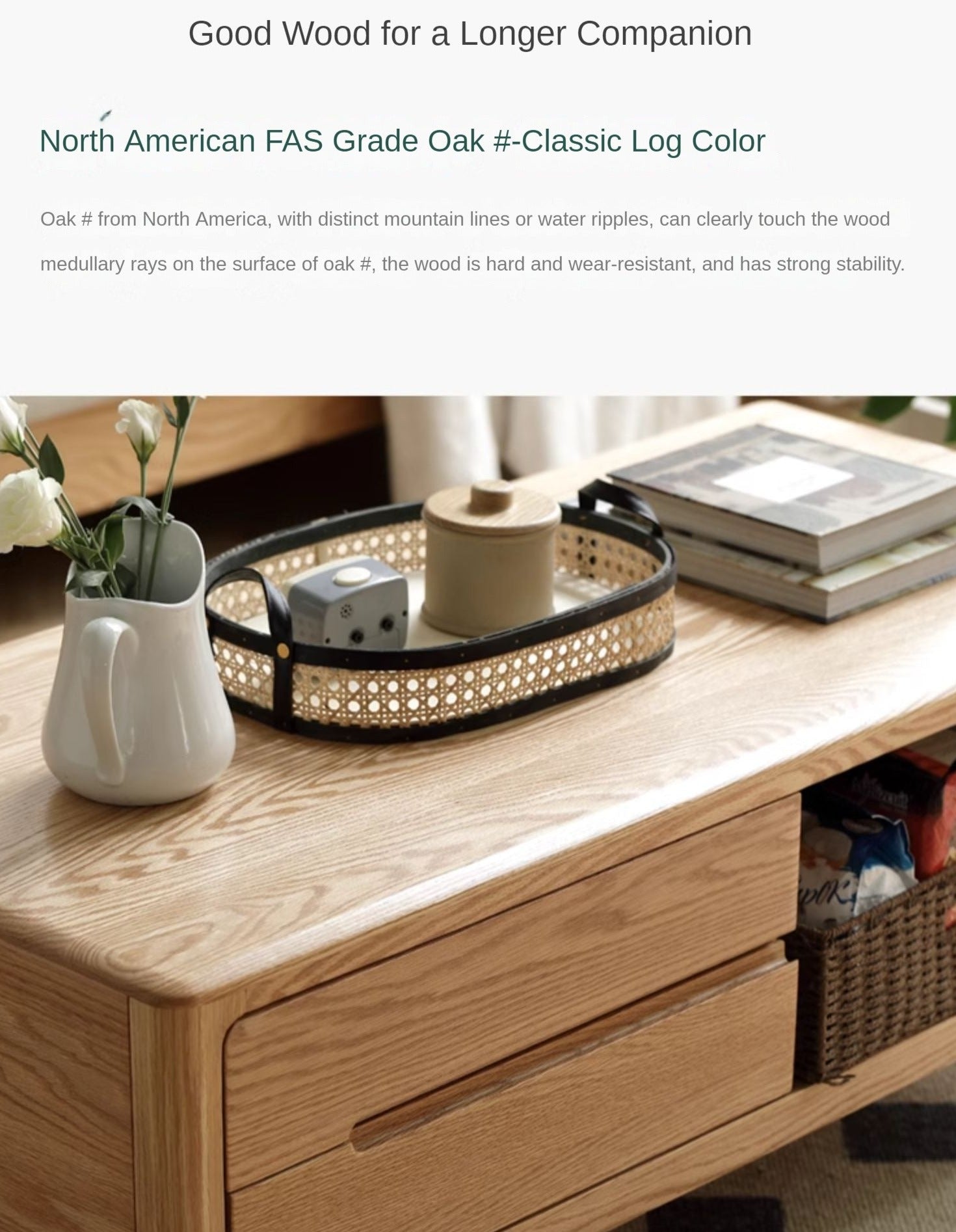 Oak, Solid Rubberwood Coffee Table Three Drawers