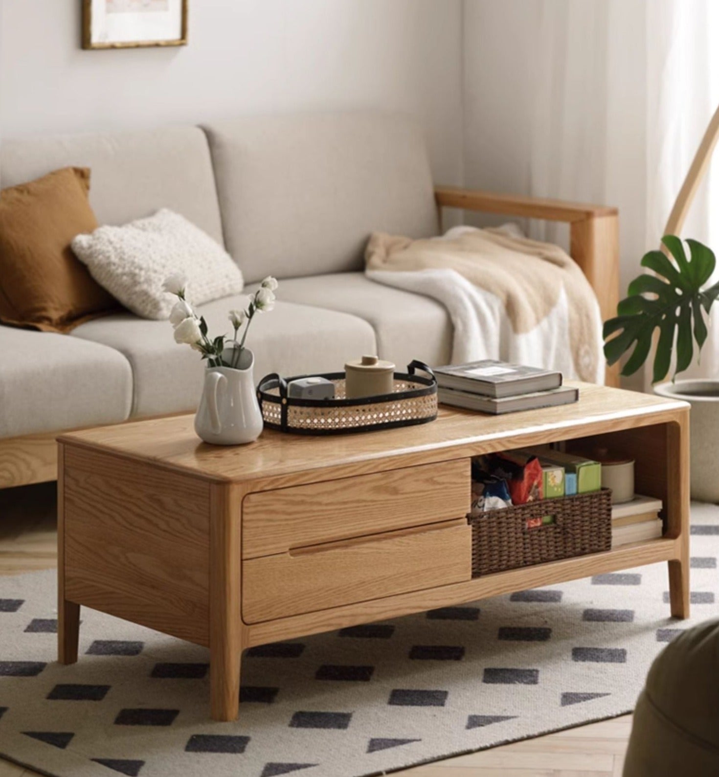 Oak, Solid Rubberwood Coffee Table Three Drawers