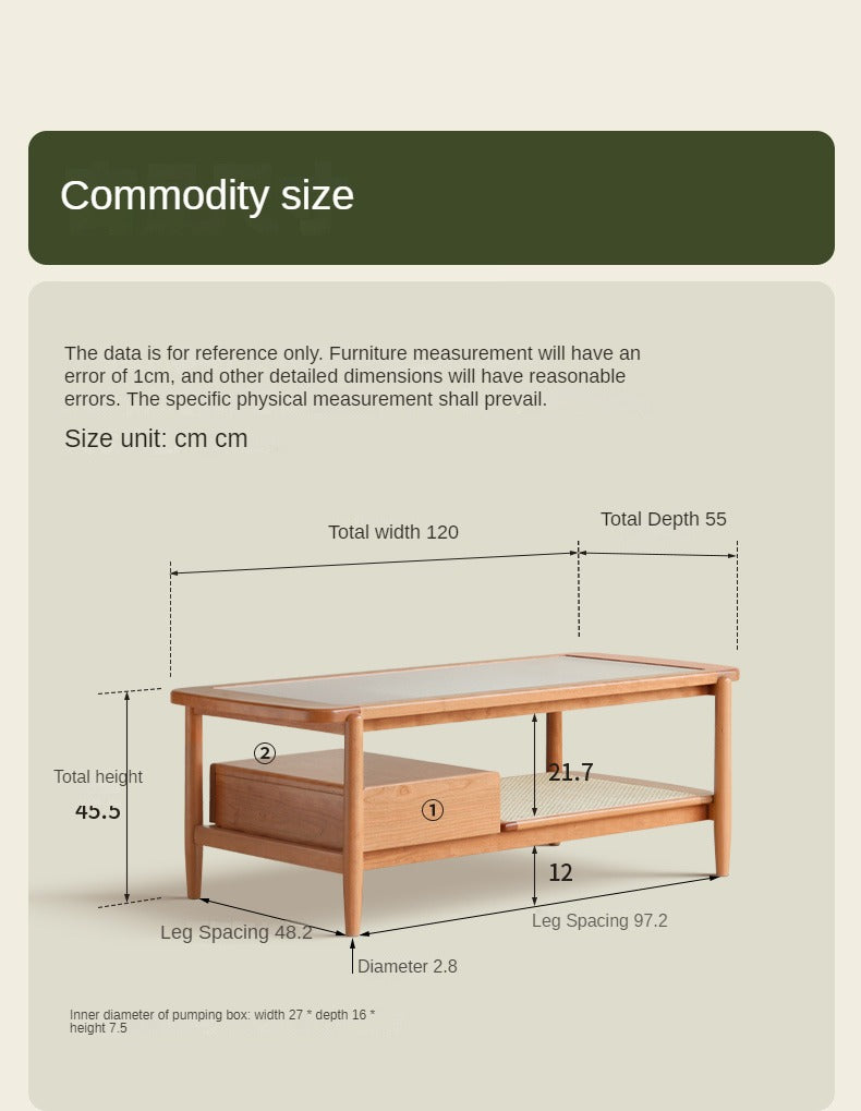 Cherry Solid Wood Coffee Table Glass, Rattan