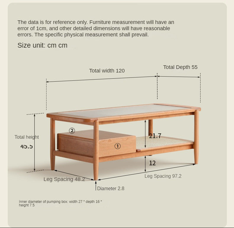 Cherry Solid Wood Coffee Table Glass, Rattan