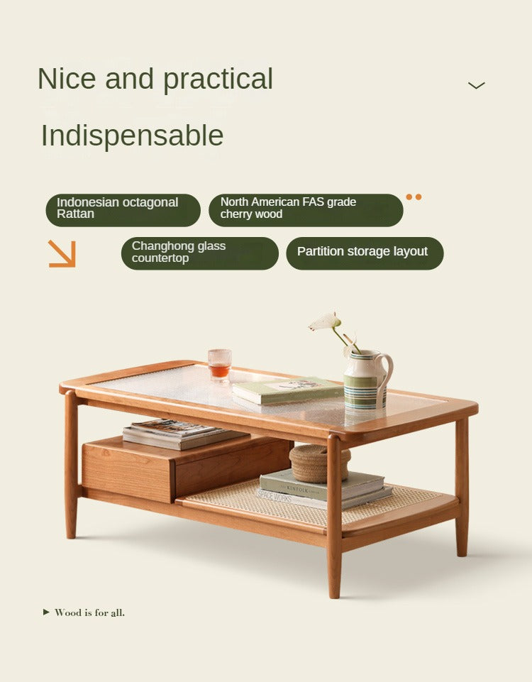 Cherry Solid Wood Coffee Table Glass, Rattan