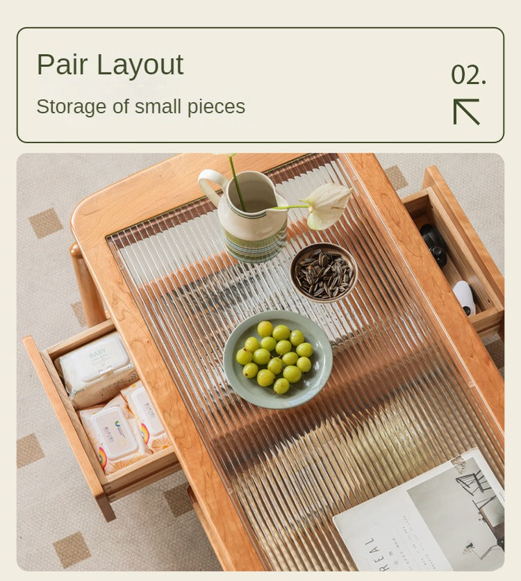 Cherry Solid Wood Coffee Table Glass, Rattan