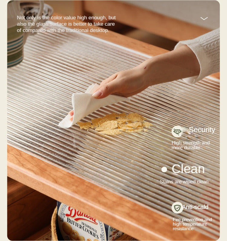 Cherry Solid Wood Coffee Table Glass, Rattan