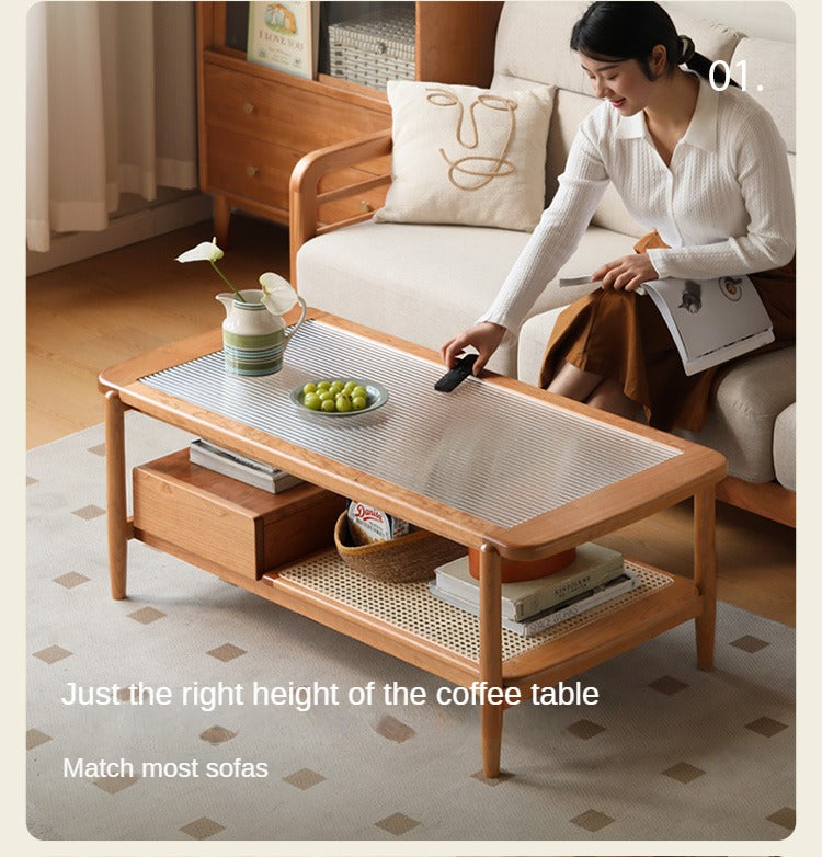 Cherry Solid Wood Coffee Table Glass, Rattan