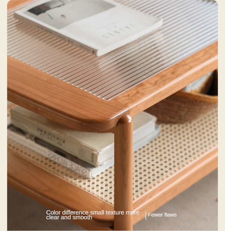 Cherry Solid Wood Coffee Table Glass, Rattan