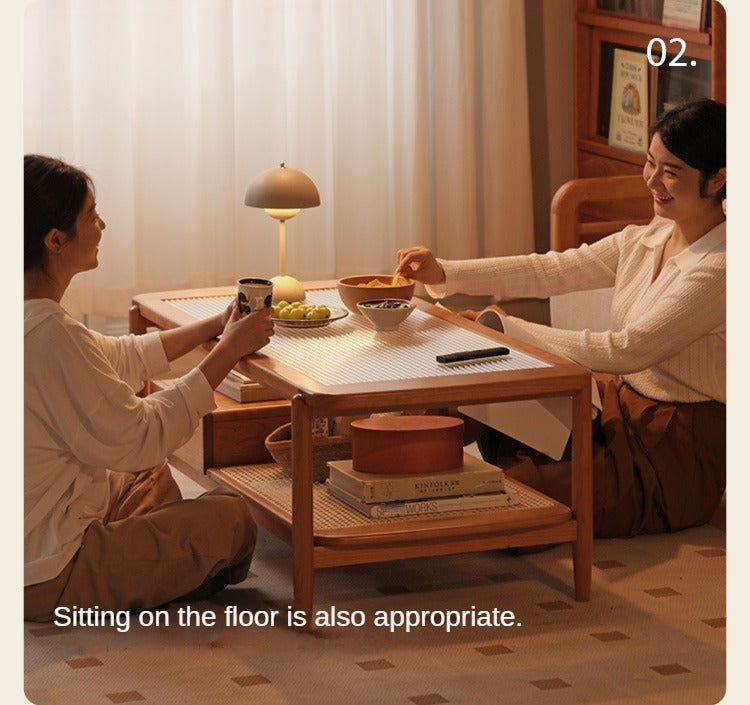 Cherry Solid Wood Coffee Table Glass, Rattan