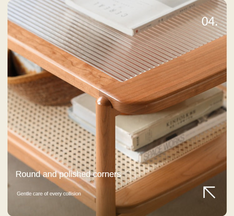 Cherry Solid Wood Coffee Table Glass, Rattan