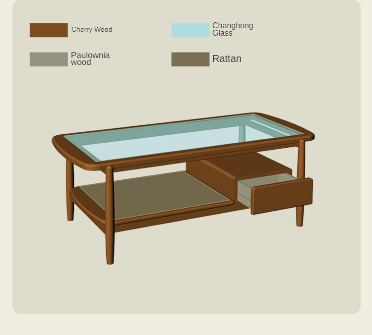 Cherry Solid Wood Coffee Table Glass, Rattan