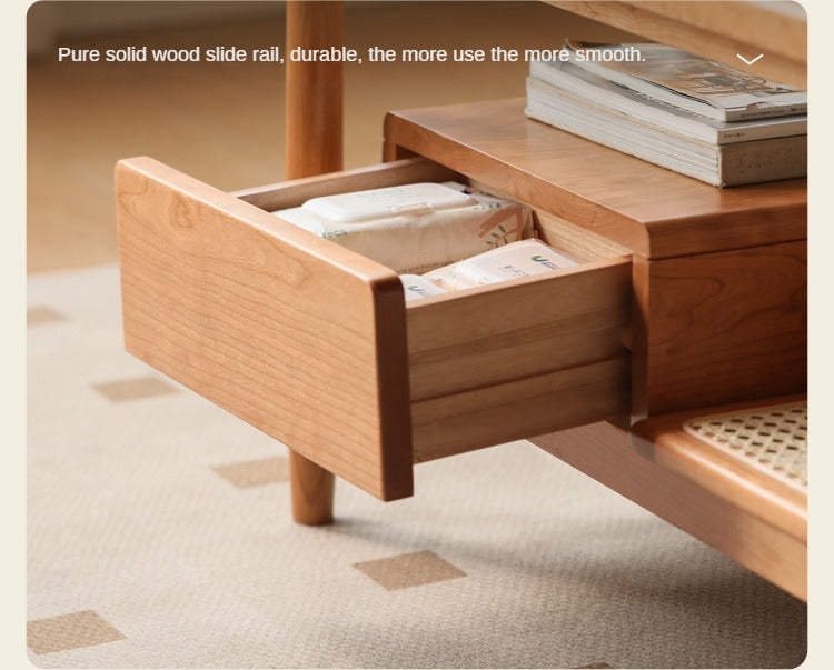 Cherry Solid Wood Coffee Table Glass, Rattan