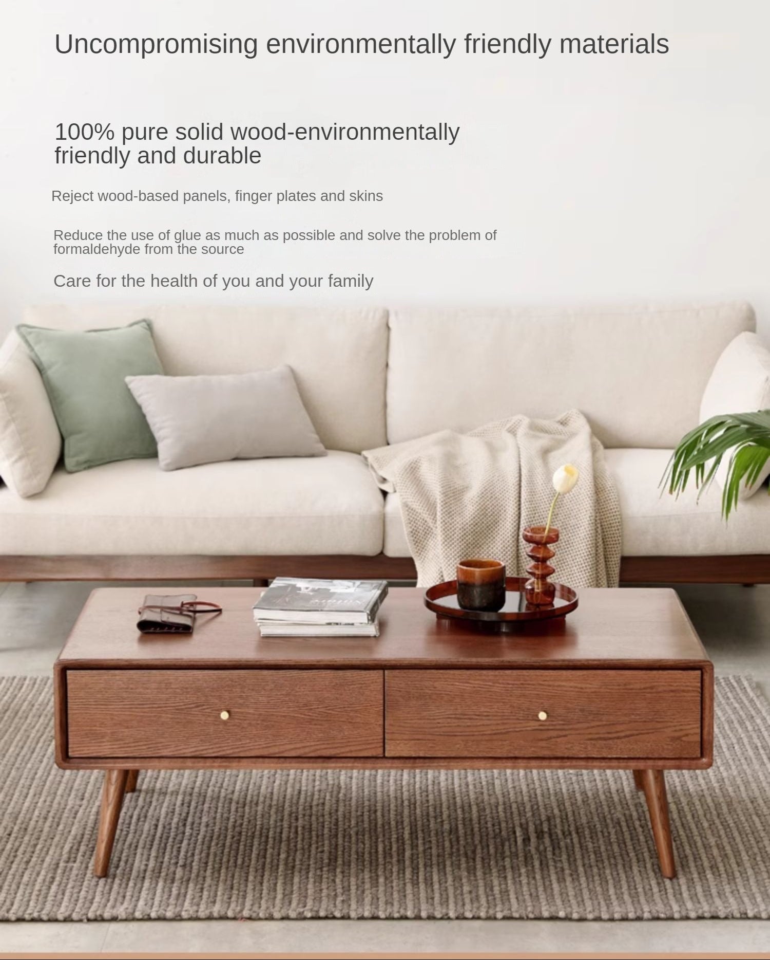 Oak Solid Wood Double-Sided Four-Drawer Coffee Table