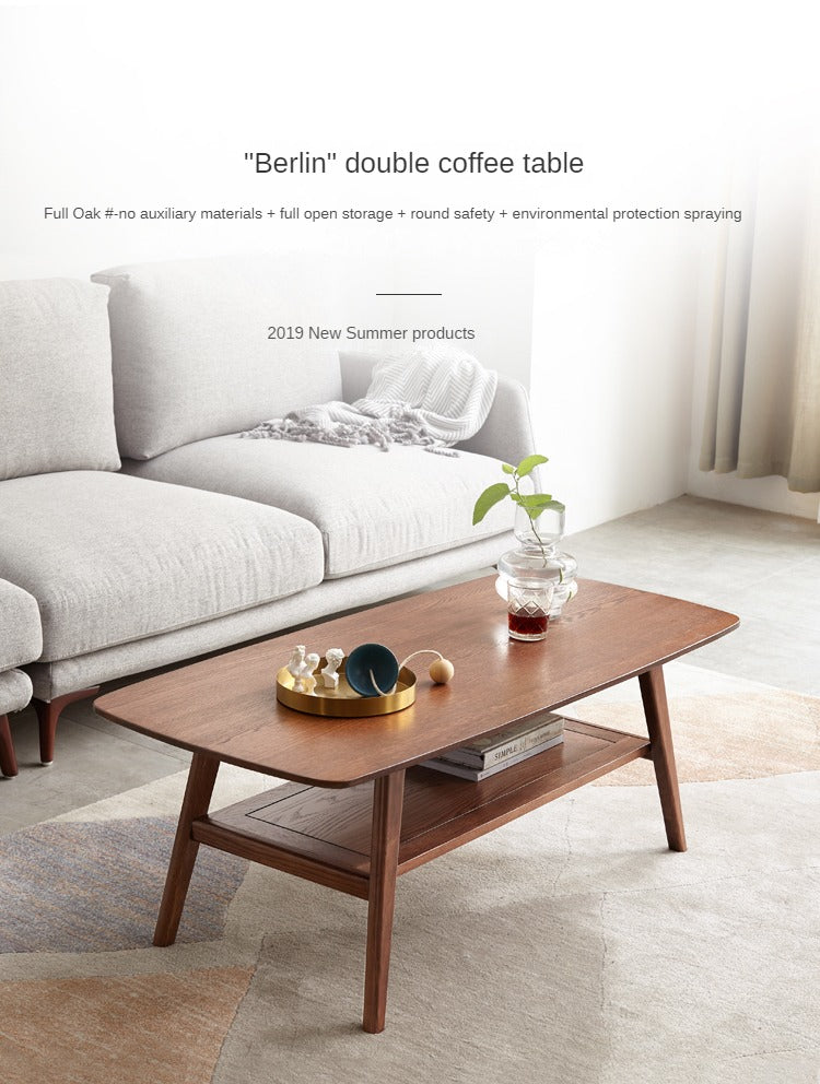 Solid Rubberwood, Beech, Oak Solid Wood Walnut Color Double-Layer Coffee Table