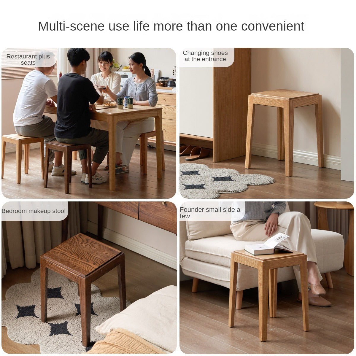 2pcs - Beech, Oak, Ash, Cherry Solid Wood, Solid RubberWood Foldable Nordic Square Stool