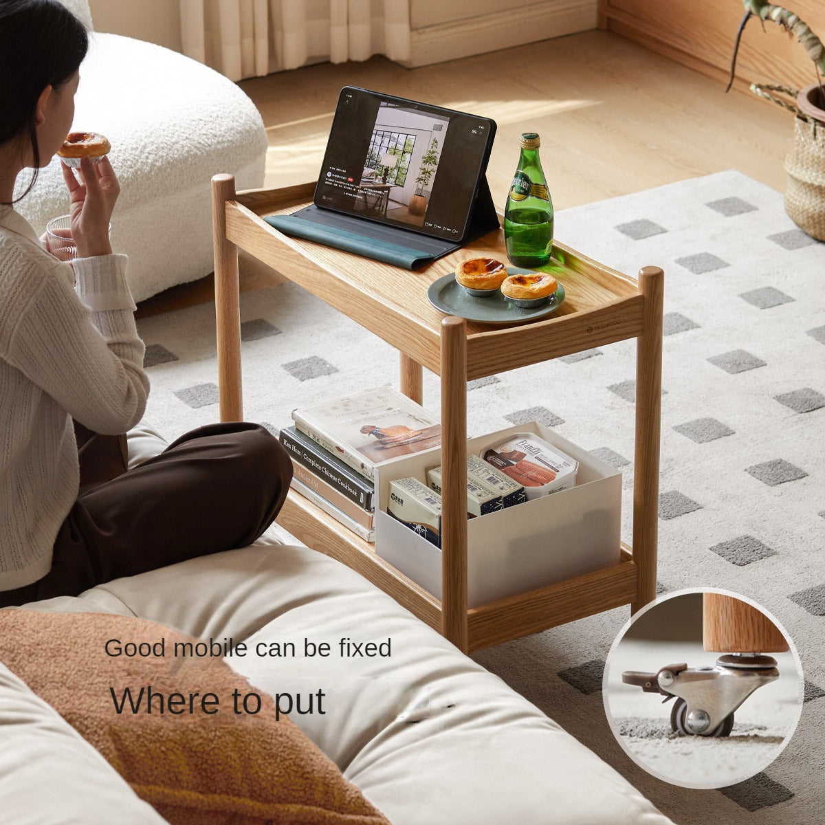 Oak Solid Wood Trolley Mobile Side Table