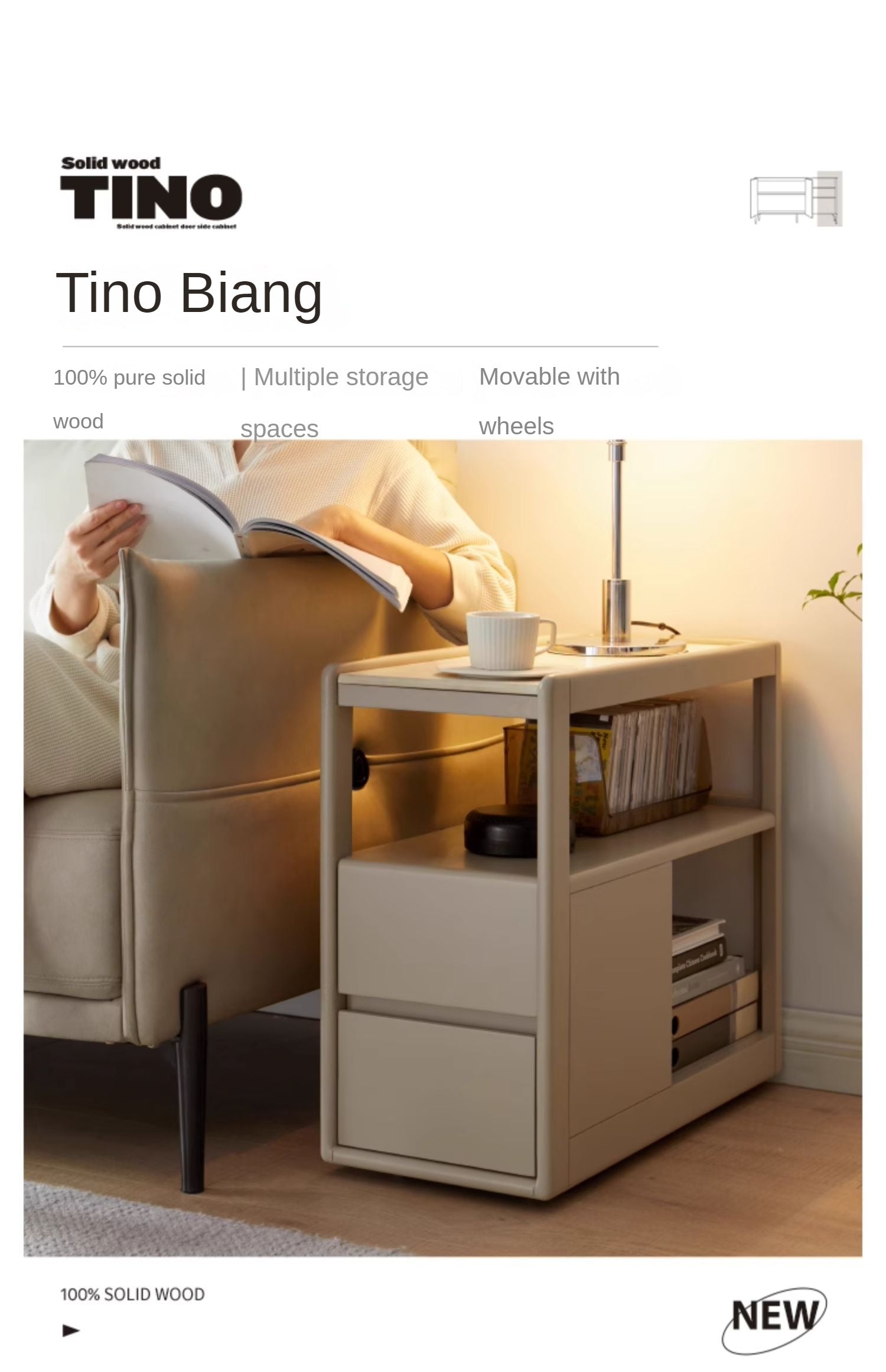 Solid RubberWood, Poplar Solid Wood Side Table With Rock Slab Top